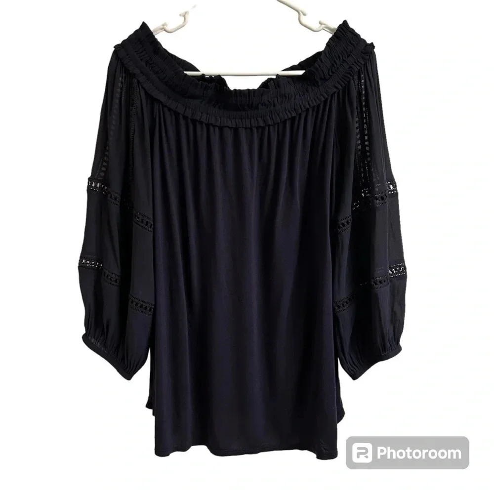 Loft Womens Lg Navy Blue Off The Shoulder Chiffon Blouse Windowpane Puff Sleeve